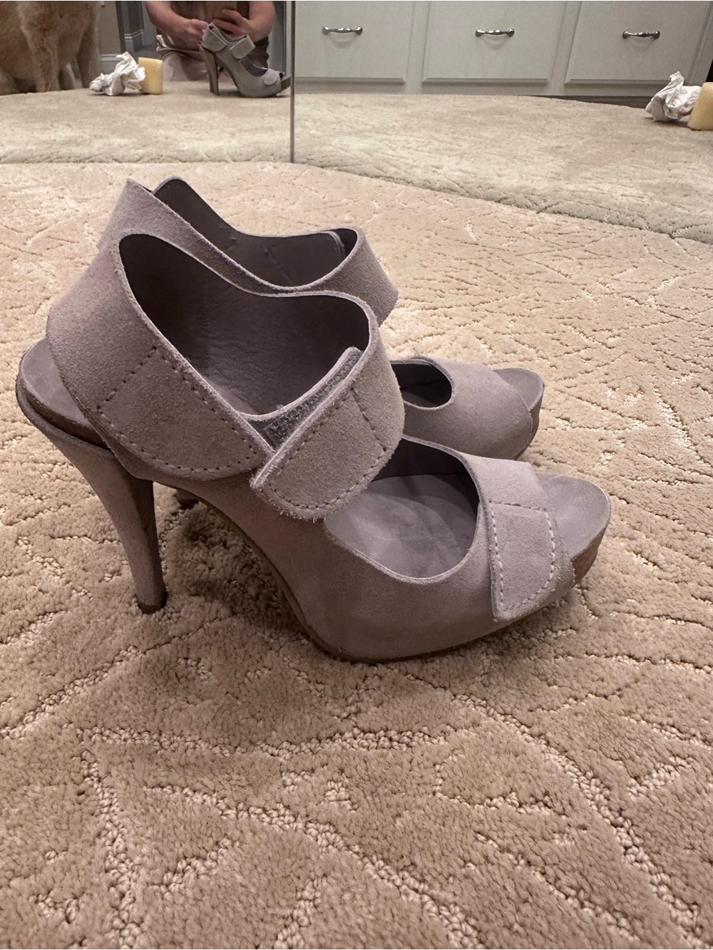 Pedro Garcia Taupe Suede Peep-Toe Heels with Ankle Strap - Picture 4 of 6